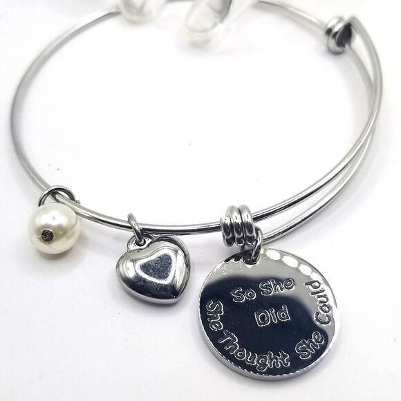 Silver toned ingraved Adustible charm bangle bracelet. - Picture 4 of 4